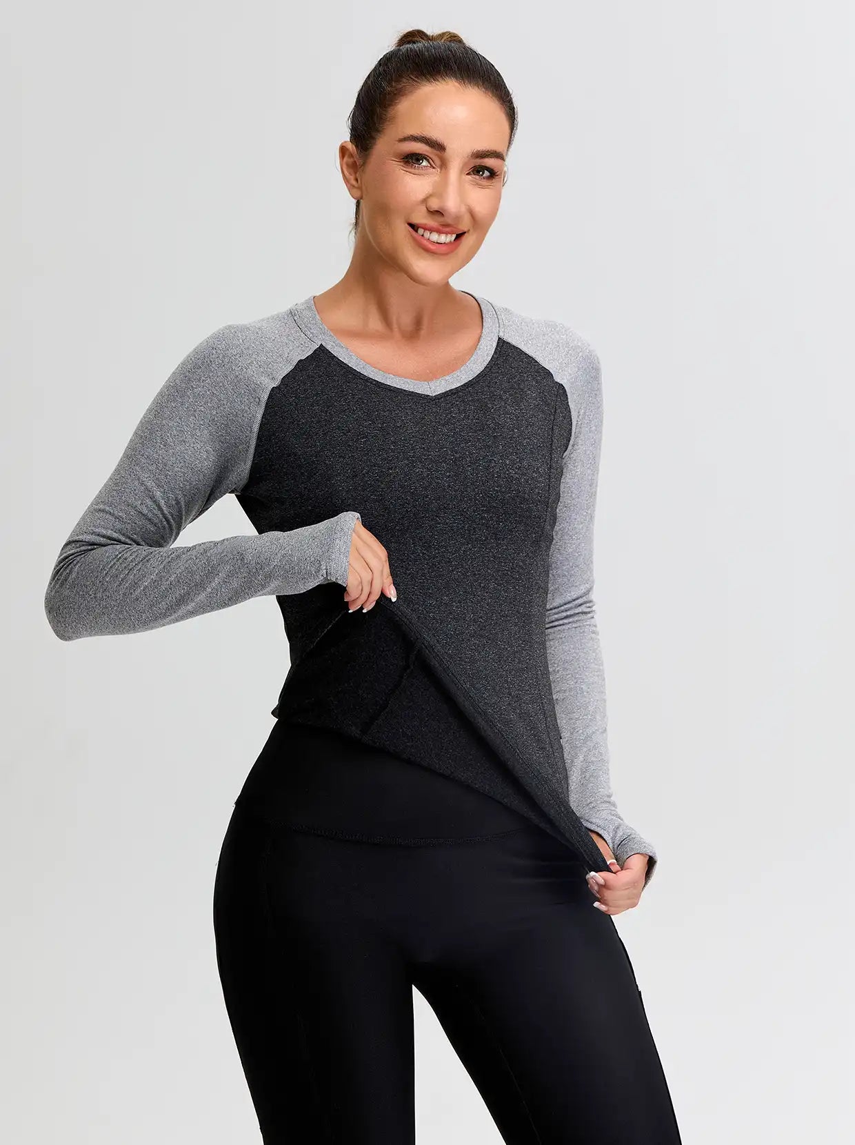 Patchwork Crew-neck Thermal Fleece Long-sleeve Top for Women