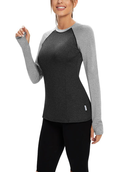 Women's Thermal-🌞SO® Black Gray Patchwork Thermal Fleece Running Bottoming Shirt Compression Bottoming Shirt Quick Dry Workout Casual Pullover with Thumb Holes