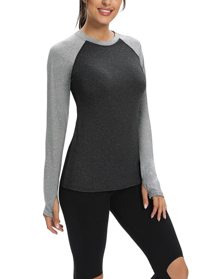 Women's Thermal-🌞SO® Black Gray Patchwork Thermal Fleece Running Bottoming Shirt Compression Bottoming Shirt Quick Dry Workout Casual Pullover with Thumb Holes