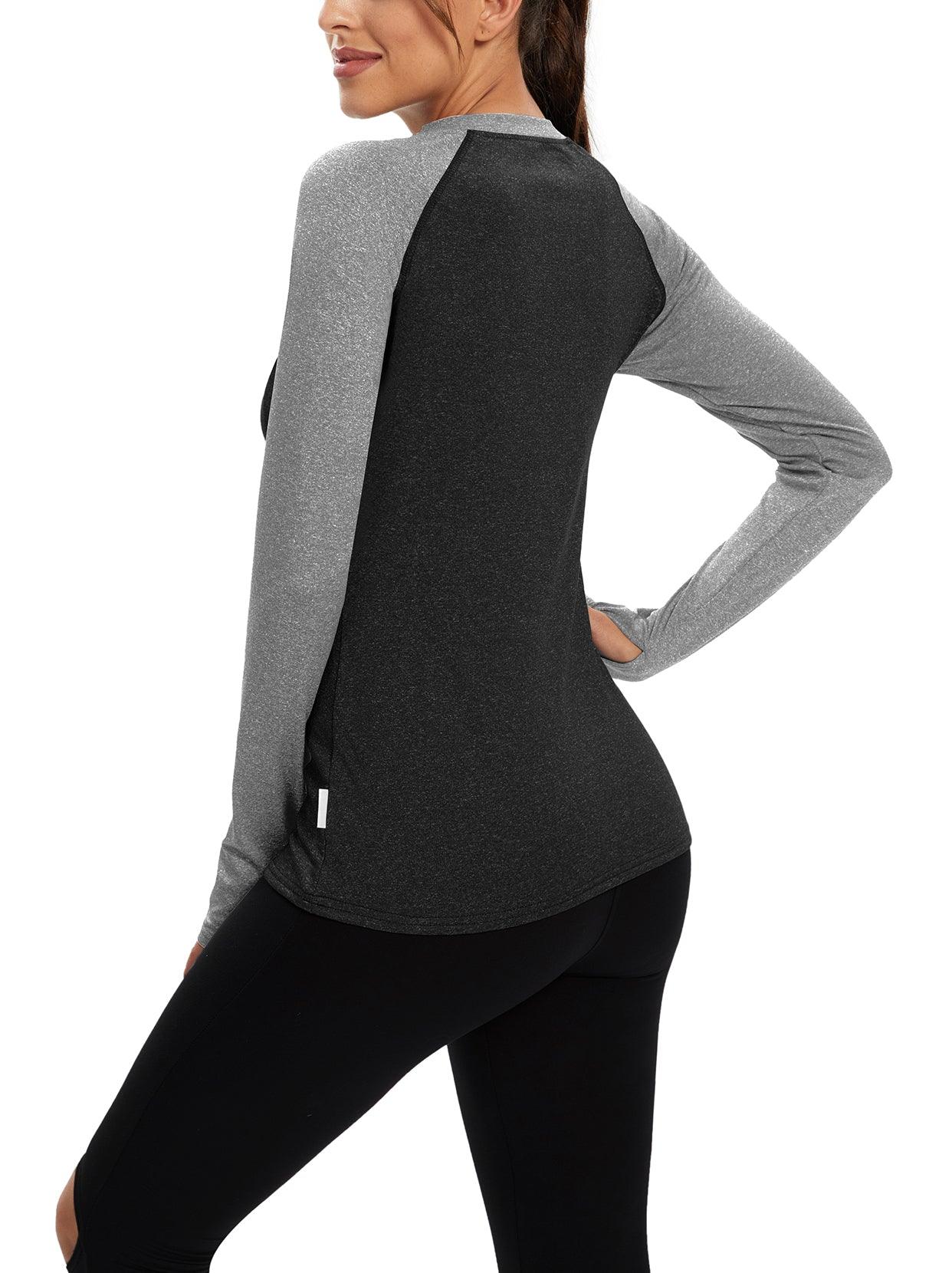 Women's Thermal-🌞SO® Black Gray Patchwork Thermal Fleece Running Bottoming Shirt Compression Bottoming Shirt Quick Dry Workout Casual Pullover with Thumb Holes