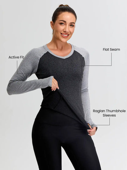 Patchwork Crew-neck Thermal Fleece Long-sleeve Top for Women