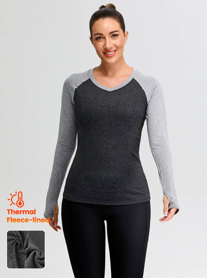 Patchwork Crew-neck Thermal Fleece Long-sleeve Top for Women