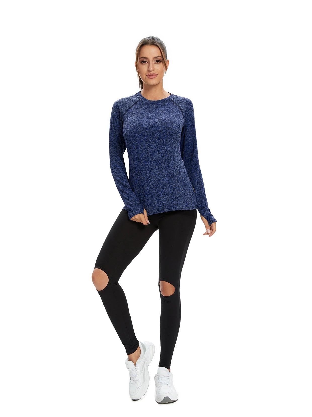 Women's Thermal-🌞SO® Dark Blue Thermal Fleece Running Bottoming Shirt Compression Bottoming Shirt Quick Dry Workout Casual Pullover with Thumb Holes