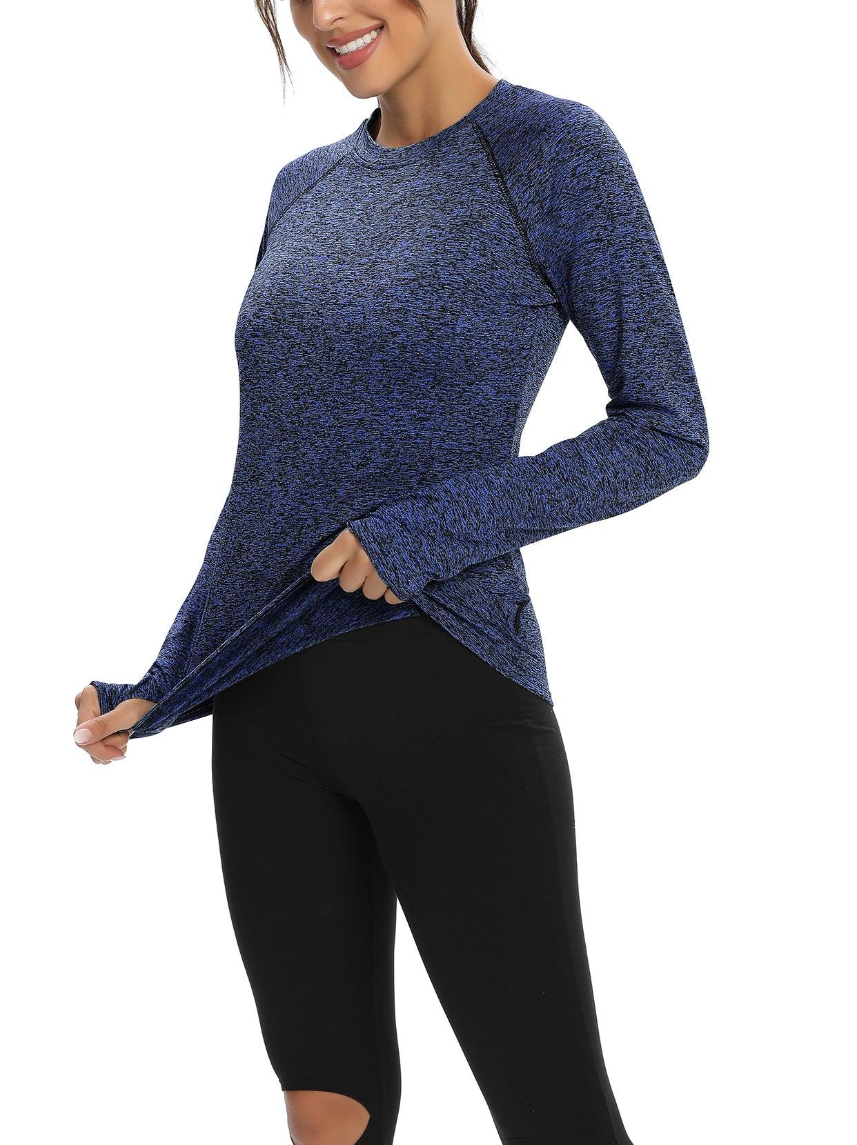 Women's Thermal-🌞SO® Dark Blue Thermal Fleece Running Bottoming Shirt Compression Bottoming Shirt Quick Dry Workout Casual Pullover with Thumb Holes