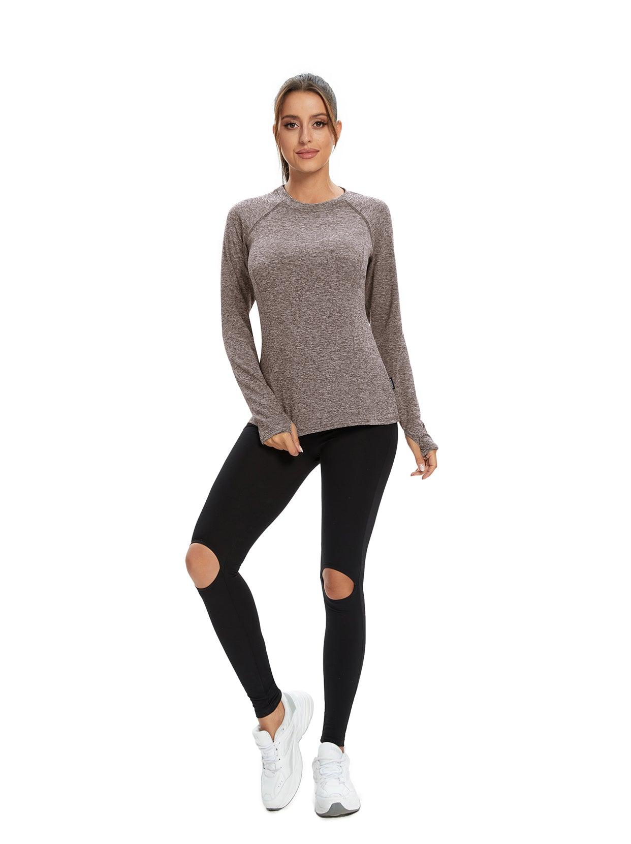 Women's Thermal-🌞SO® Brown Thermal Fleece Running Bottoming Shirt Compression Bottoming Shirt Quick Dry Workout Casual Pullover with Thumb Holes