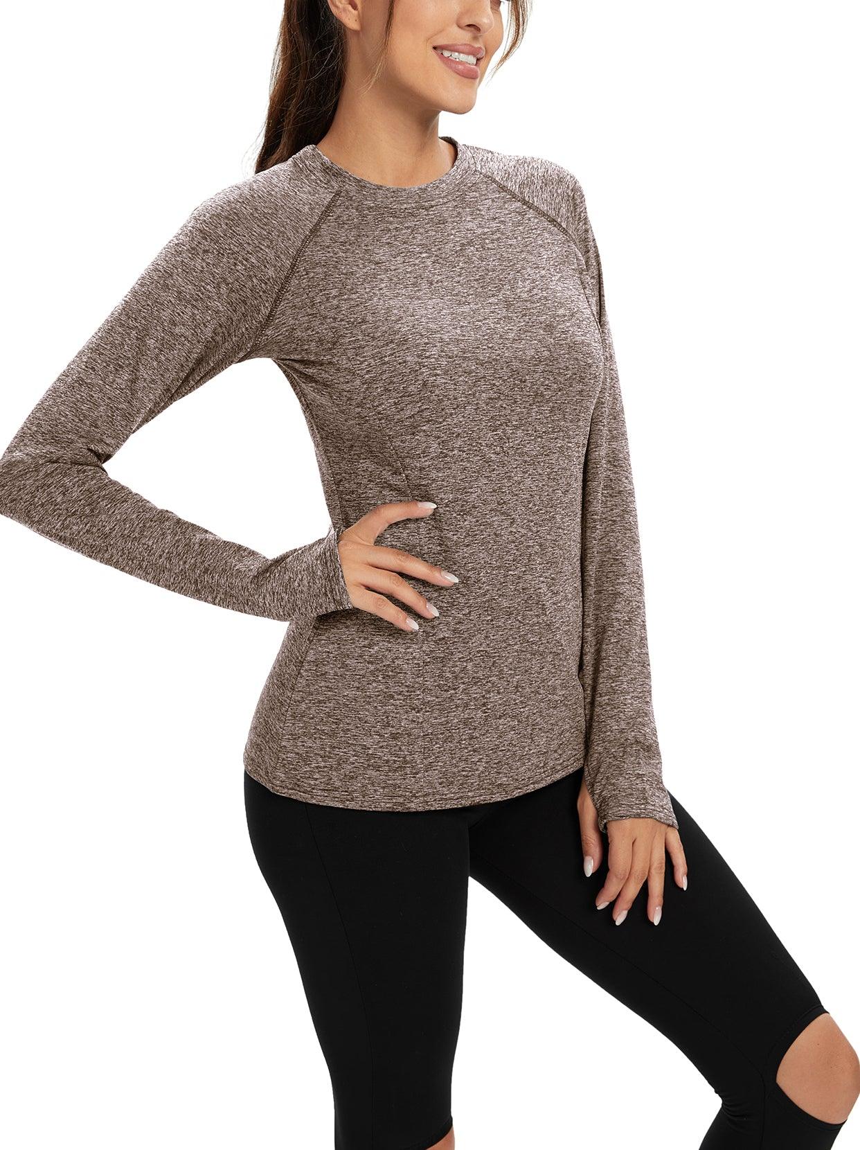 Women's Thermal-🌞SO® Brown Thermal Fleece Running Bottoming Shirt Compression Bottoming Shirt Quick Dry Workout Casual Pullover with Thumb Holes