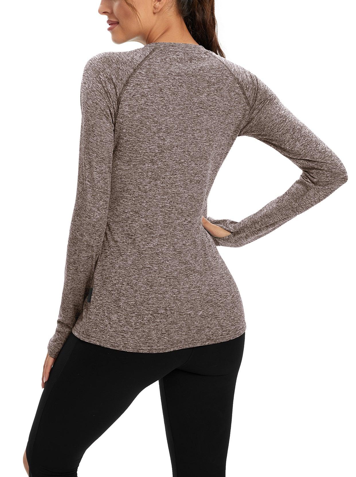 Women's Thermal-🌞SO® Brown Thermal Fleece Running Bottoming Shirt Compression Bottoming Shirt Quick Dry Workout Casual Pullover with Thumb Holes