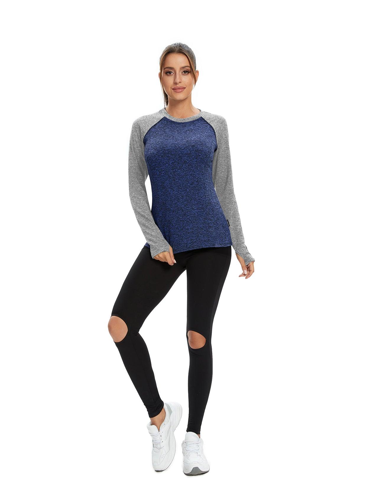 Women's Thermal-🌞SO®  Grey Blue Contrast Colors Thermal Fleece Running Bottoming Shirt Compression Bottoming Shirt Quick Dry Workout Casual Pullover with Thumb Holes