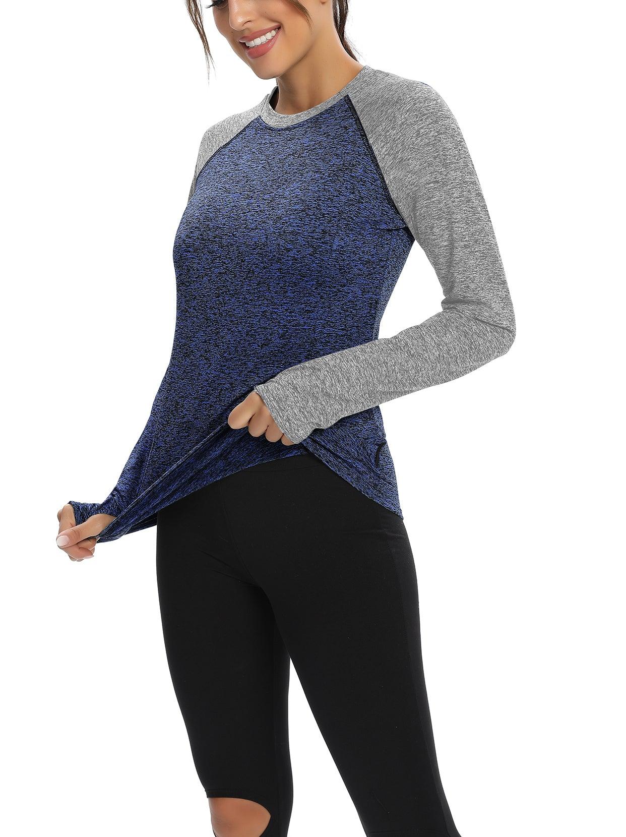 Women's Thermal-🌞SO®  Grey Blue Contrast Colors Thermal Fleece Running Bottoming Shirt Compression Bottoming Shirt Quick Dry Workout Casual Pullover with Thumb Holes