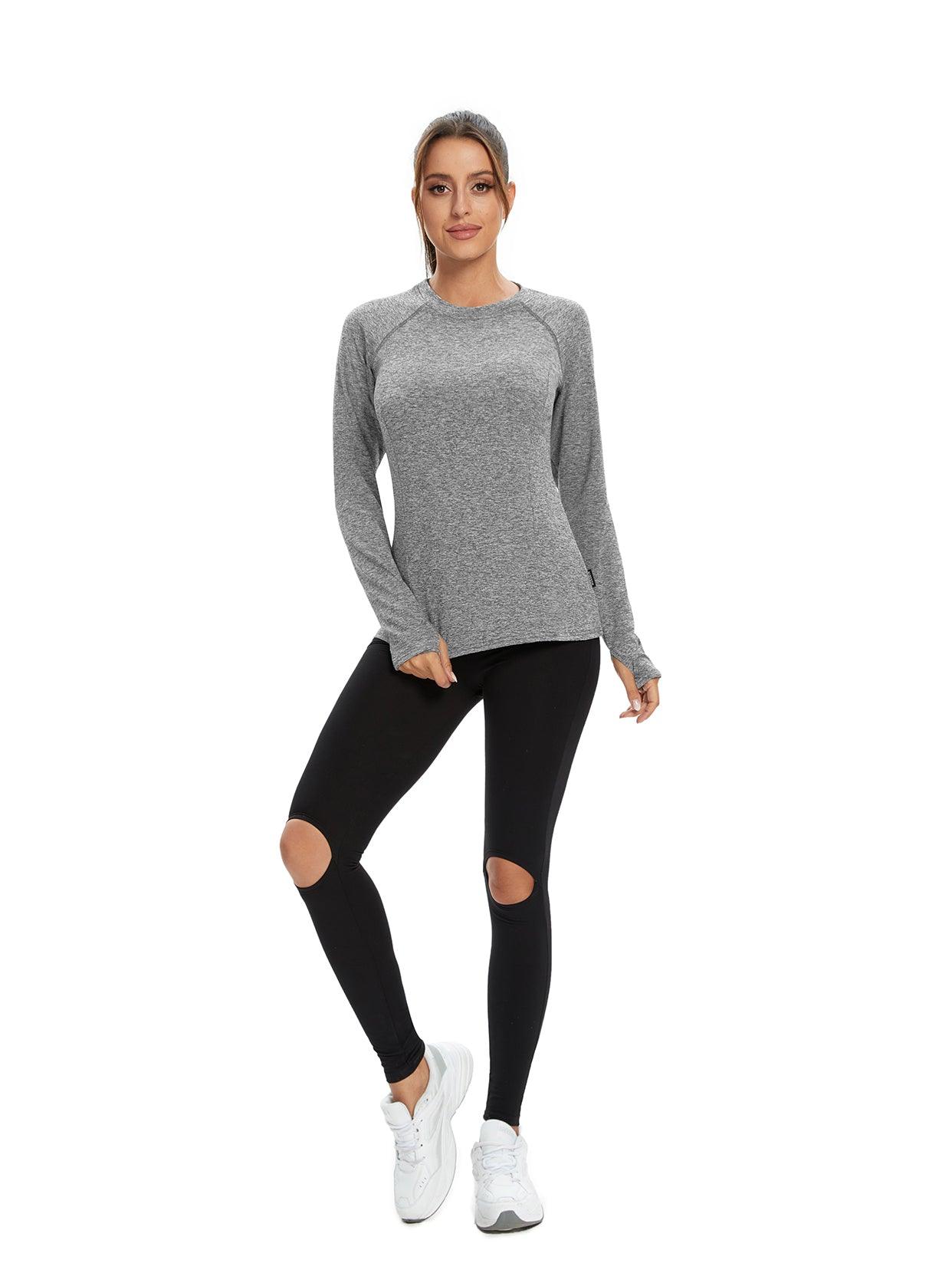 Women's Thermal-🌞SO® Light Gray Thermal Fleece Running Bottoming Shirt Compression Bottoming Shirt Quick Dry Workout Casual Pullover with Thumb Holes