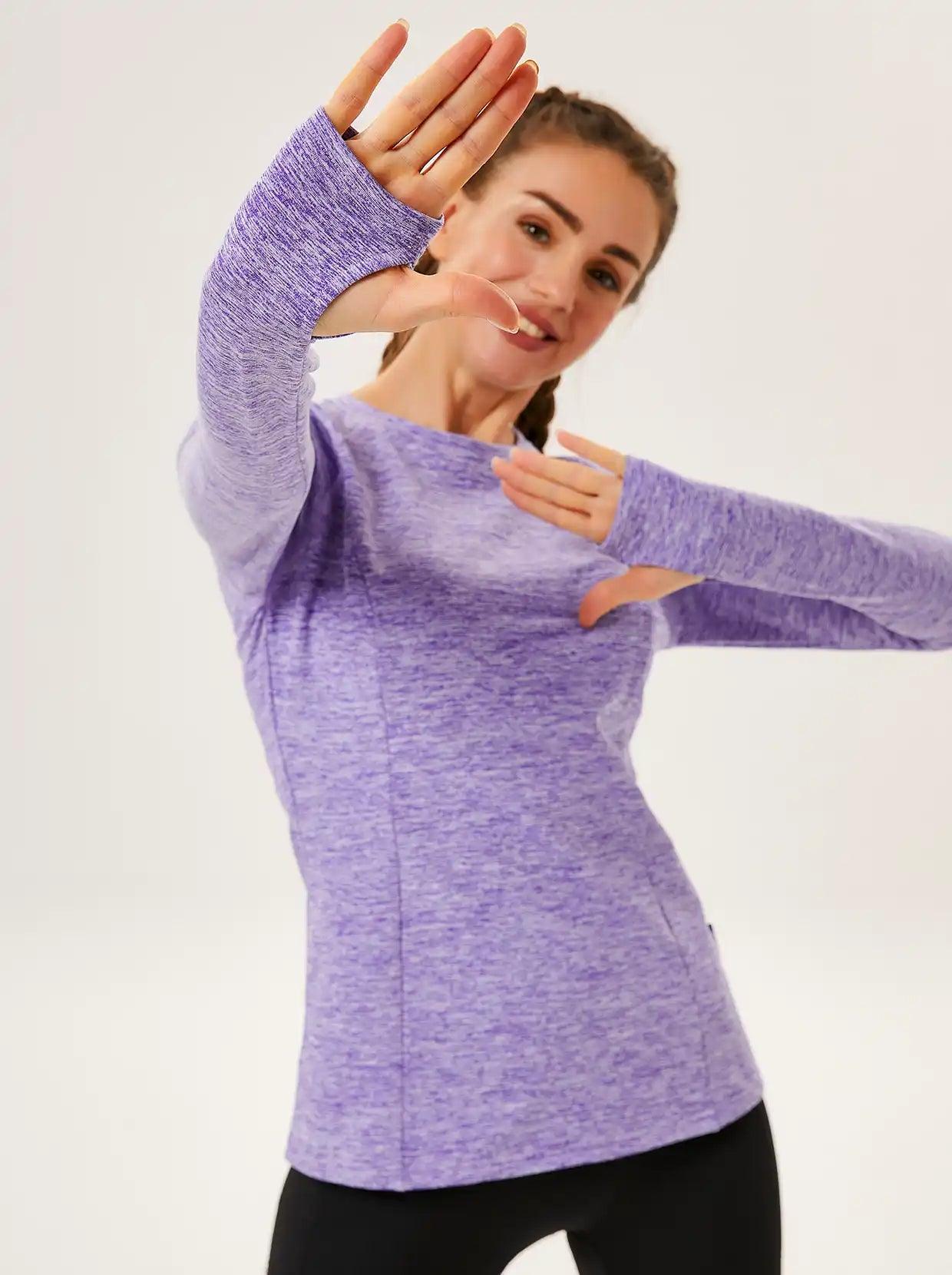 Women's Thermal-🌞SO® Light Purple Thermal Fleece Running Bottoming Shirt Compression Bottoming Shirt Quick Dry Workout Casual Pullover with Thumb Holes