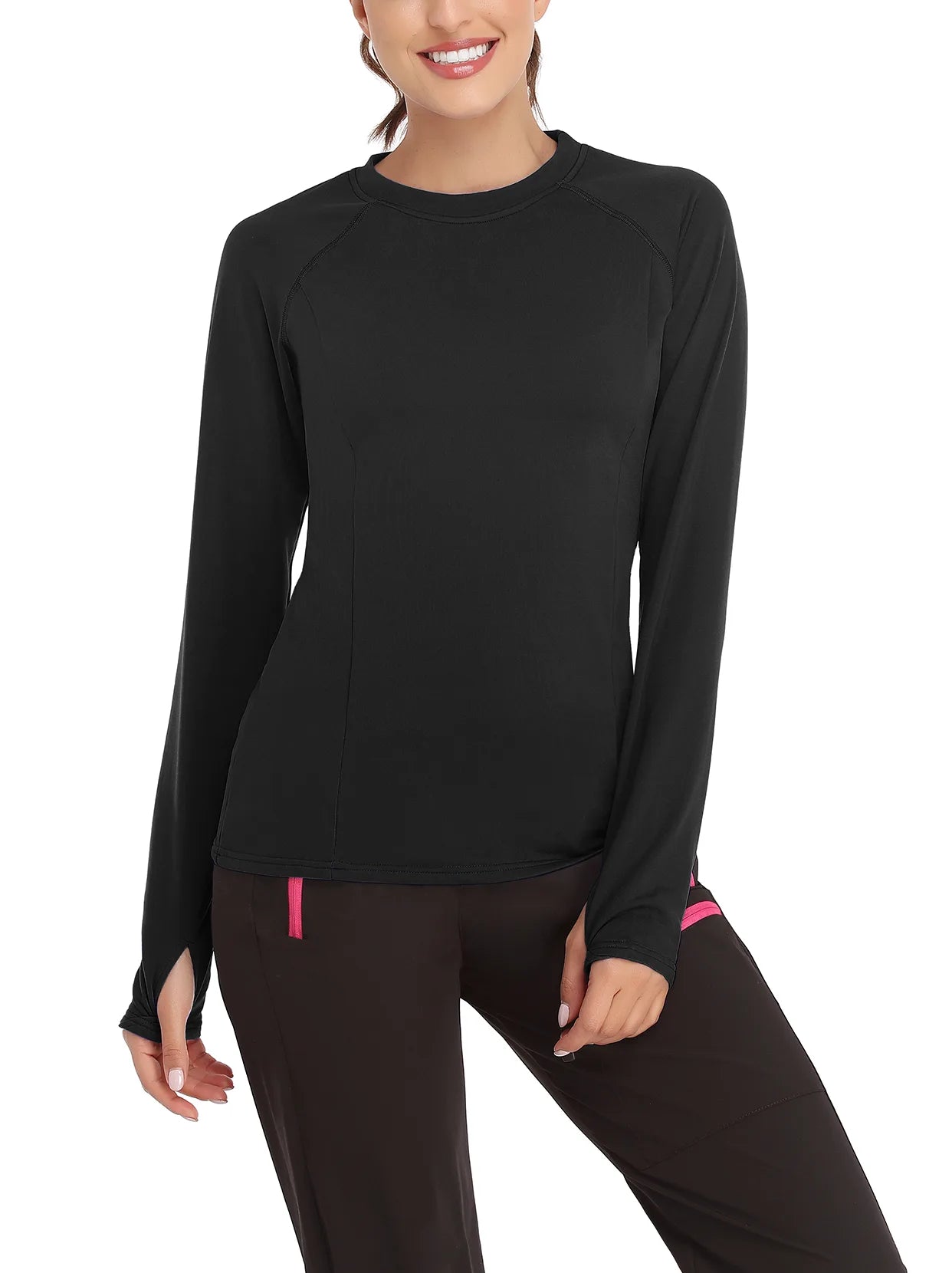 Solid Color Crew-neck Long-sleeve Fleece top for Women