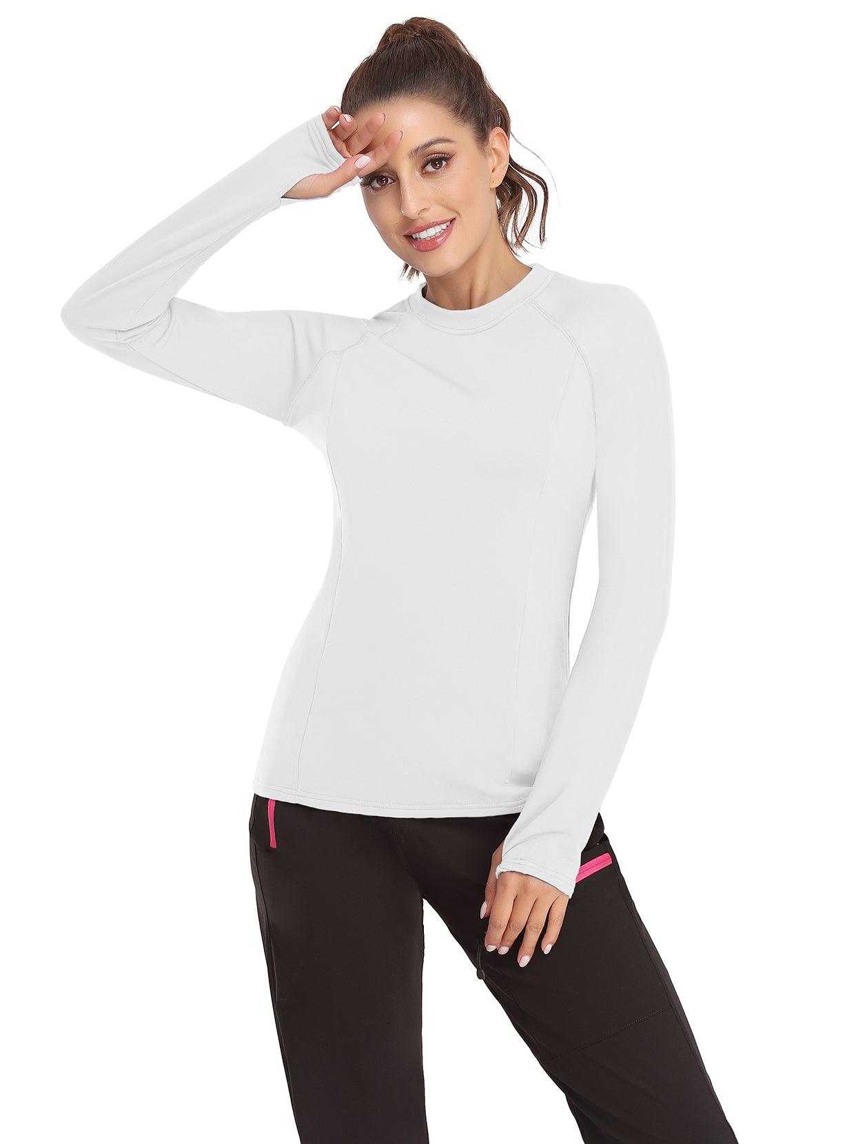 Women's Thermal-🌞SO® Solid White Thermal Fleece Running Bottoming Shirt Compression Bottoming Shirt Quick Dry Workout Casual Pullover with Thumb Holes