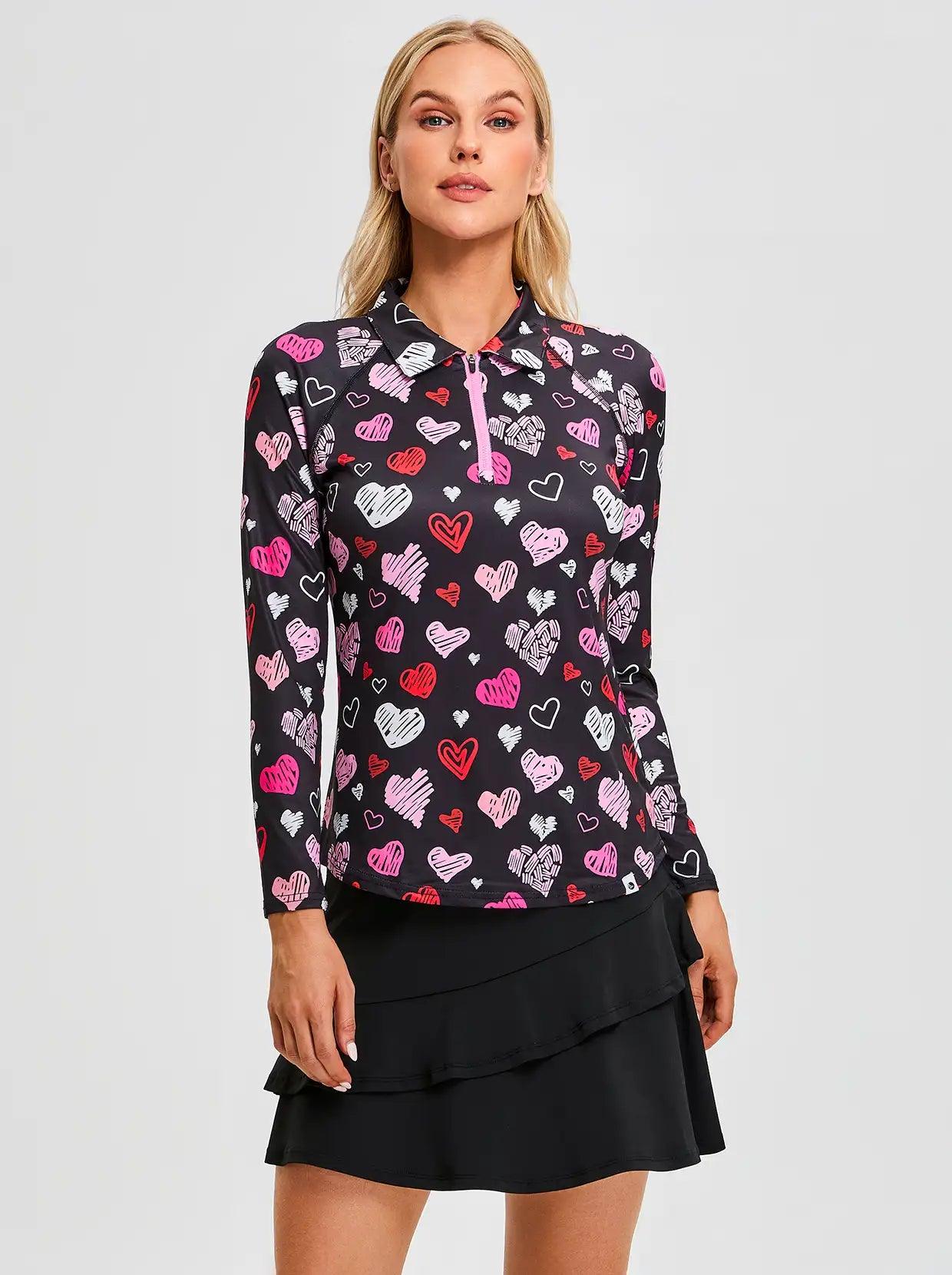 Colorful Heart Quarterzip Long Sleeve Polo Shirt for Women