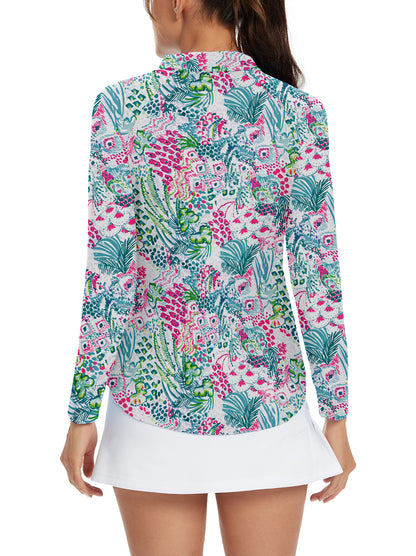 Retro Botanical Quarter-zip Long-sleeve Polo Shirt for Women