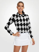 Grey Checkerboard Quarterzip Long-sleeve Polo Shirt for Women 