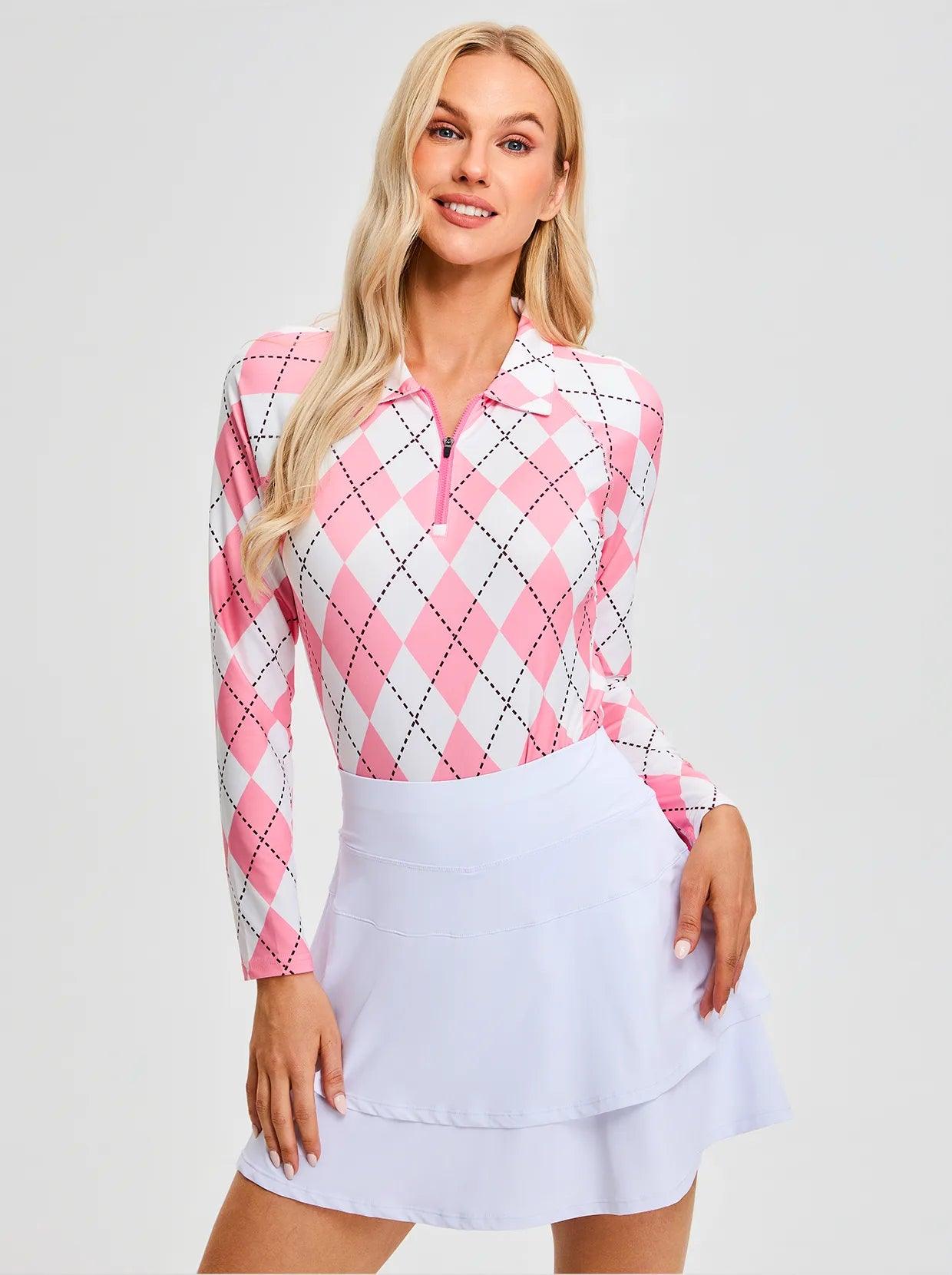 Pink and White Argyle Quarterzip Long Sleeve Polo Shirt for Women