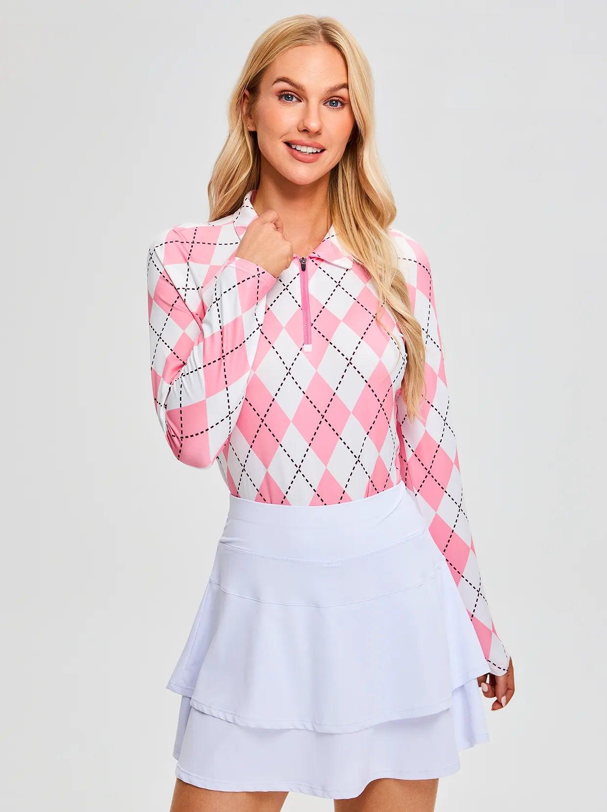 Pink and White Argyle Quarterzip Long Sleeve Polo Shirt for Women