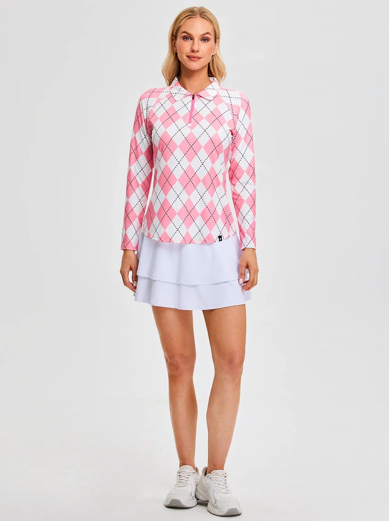 Pink and White Argyle Quarterzip Long Sleeve Polo Shirt for Women