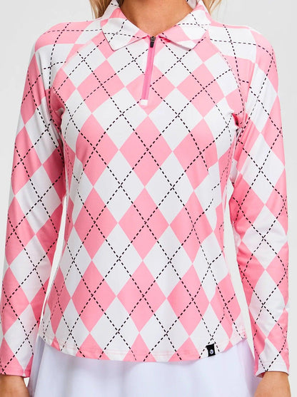 Pink and White Argyle Quarterzip Long Sleeve Polo Shirt for Women