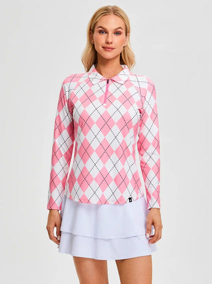 Pink and White Argyle Quarterzip Long Sleeve Polo Shirt for Women