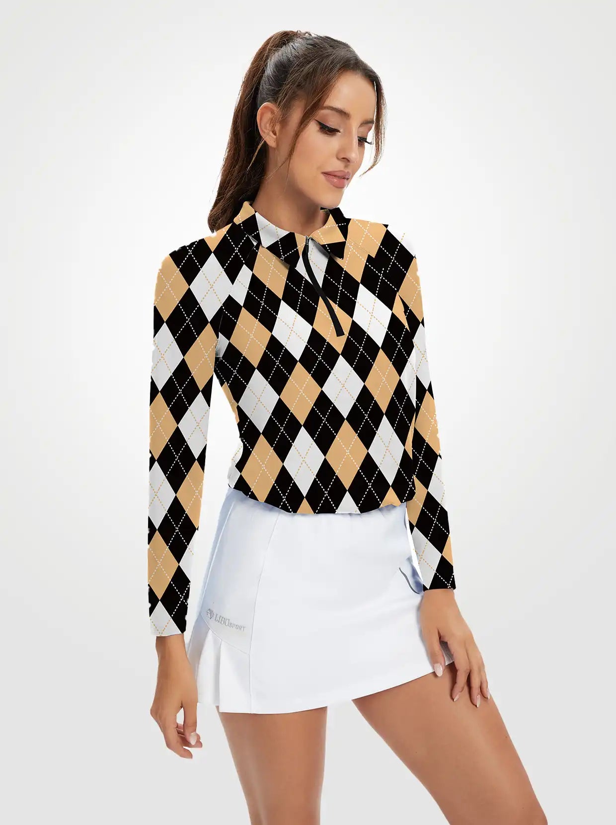 Brown and Black Checkerboard Quarterzip Long-sleeve Polo Shirt for Women 