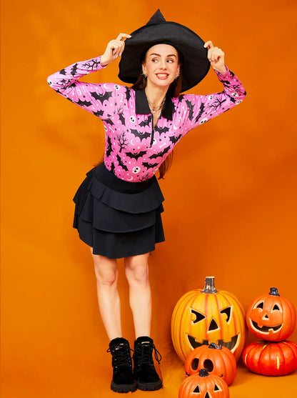 Halloween Pink Bats Quarter-zip Long-sleeve Polo Shirt for Women