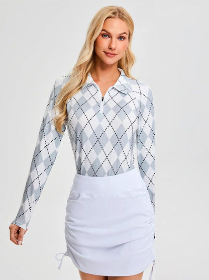 Grey Argyle Quarterzip Long Sleeve Polo Shirt for Women