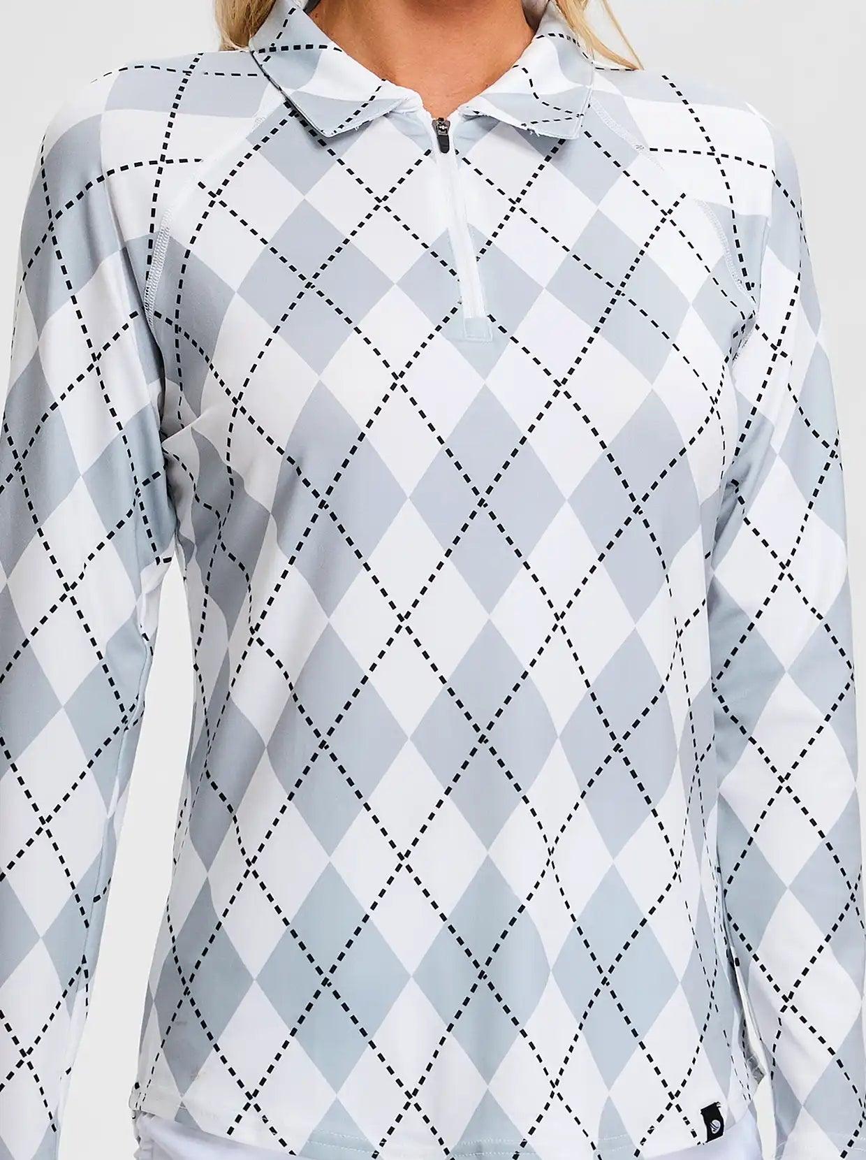 Grey Argyle Quarterzip Long Sleeve Polo Shirt for Women