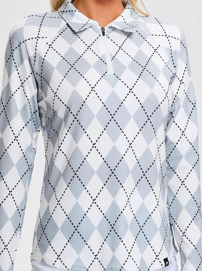 Grey Argyle Quarterzip Long Sleeve Polo Shirt for Women