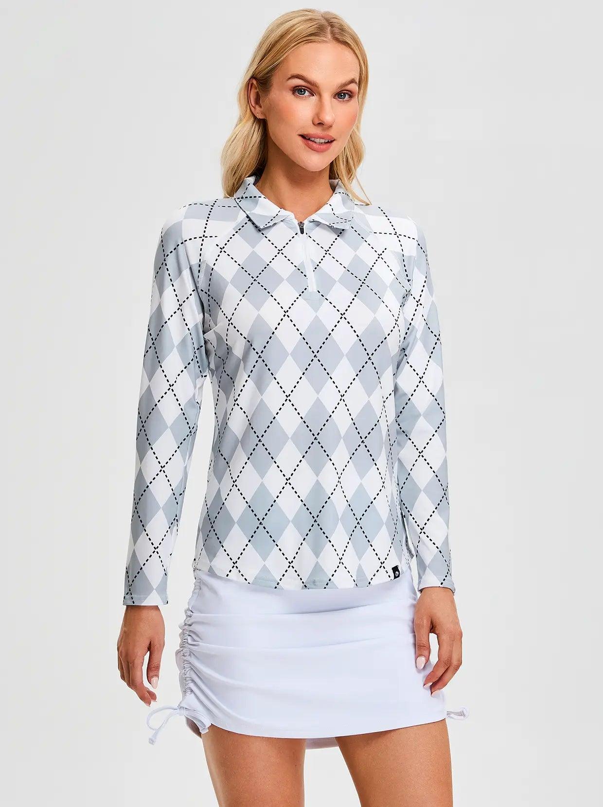 Grey Argyle Quarterzip Long Sleeve Polo Shirt for Women