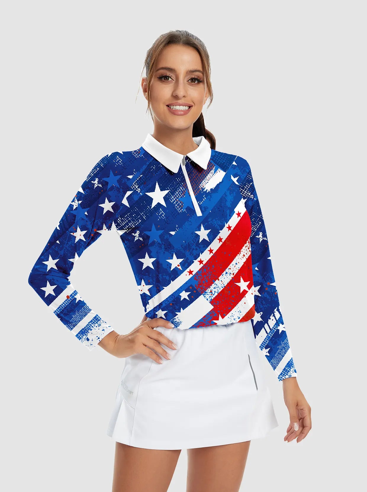 Stars and Stripes Long-sleeve Polo Shirt For Women