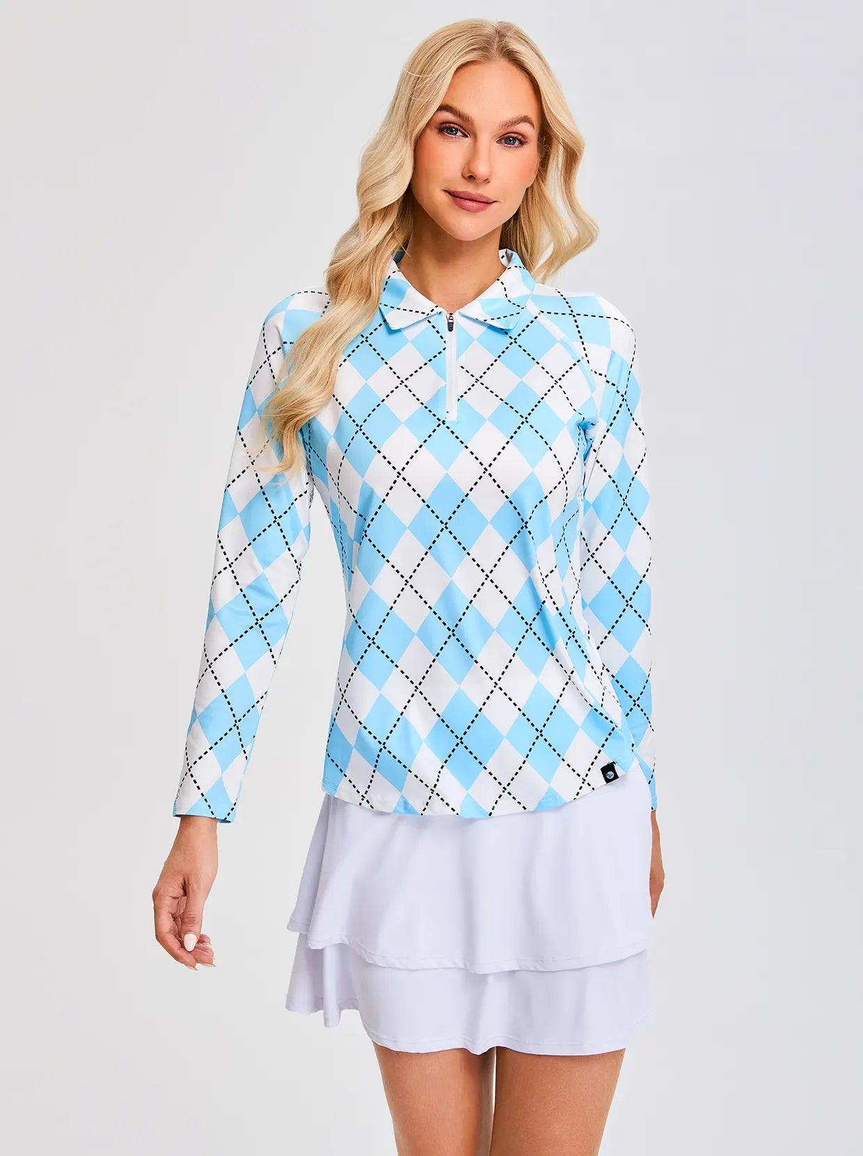 Blue and White Argyle Quarterzip Long Sleeve Polo Shirts for Women