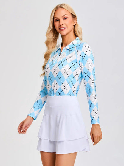 Blue and White Argyle Quarterzip Long Sleeve Polo Shirts for Women