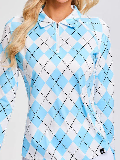 Blue and White Argyle Quarterzip Long Sleeve Polo Shirts for Women