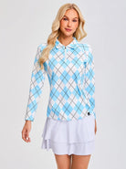 Blue and White Argyle Quarterzip Long Sleeve Polo Shirts for Women