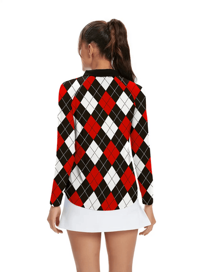 Red and Black Argyle Long Sleeve Polo Shirt - Suitable for Causal