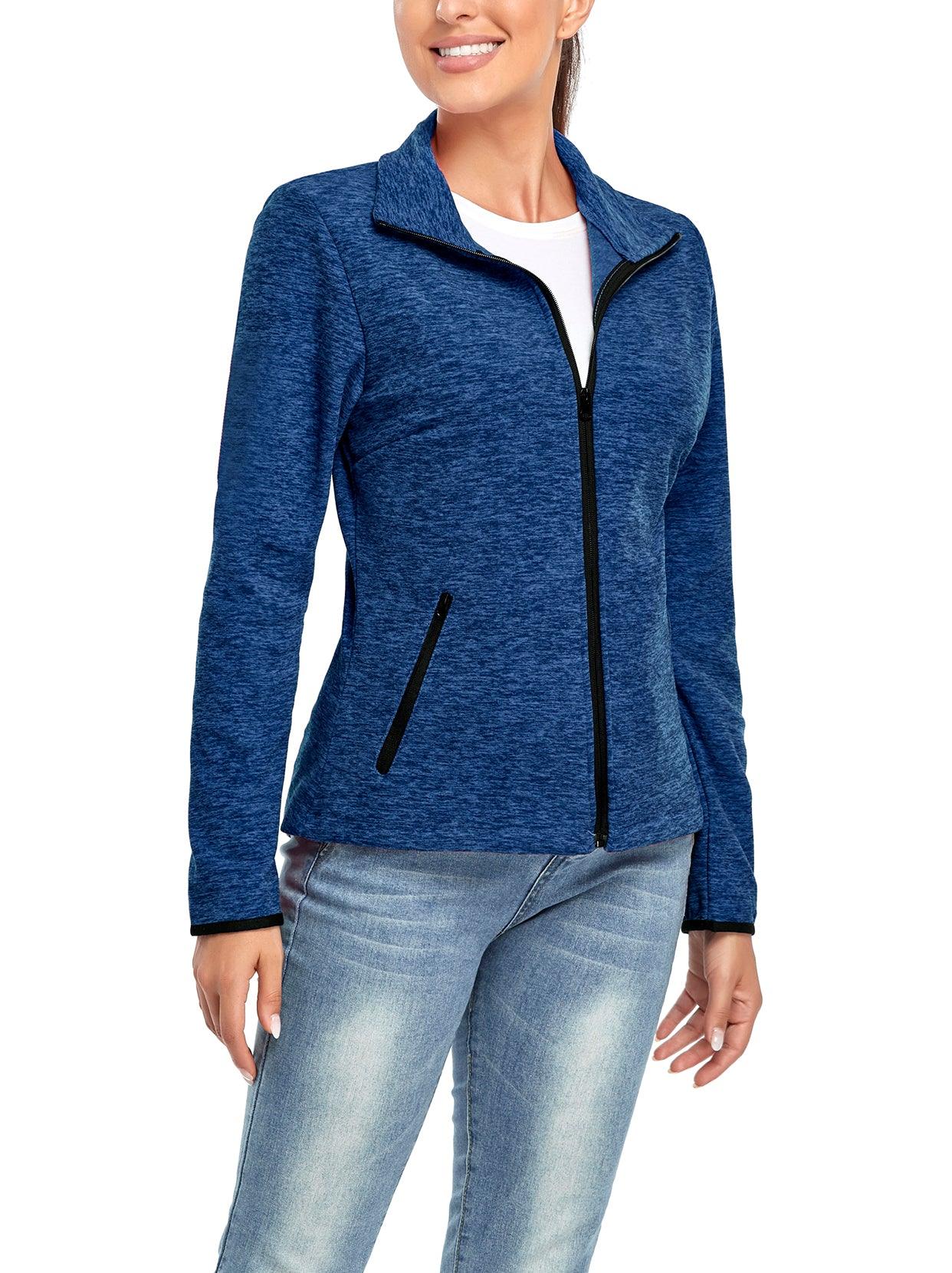 Ladies Winter Fleece Jacket- 🔥SO® Dark Blue Fleece Jacket Coat with Full Zip Long Sleeve Athletic Running Jacket Stand Collar Windbreaker Outwear with Pockets