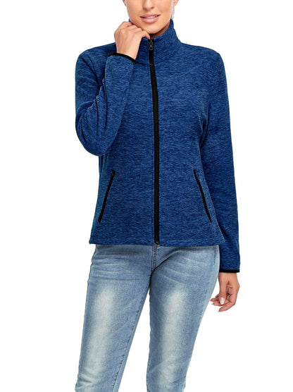 Ladies Winter Fleece Jacket- 🔥SO® Dark Blue Fleece Jacket Coat with Full Zip Long Sleeve Athletic Running Jacket Stand Collar Windbreaker Outwear with Pockets