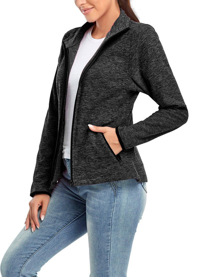 Ladies Winter Fleece Jacket- Dark Grey Fleece Jacket Coat with Full Zip Long Sleeve Athletic Running Jacket Stand Collar Windbreaker Outwear with Pockets