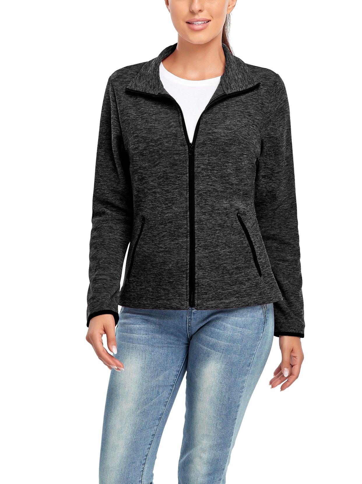 Ladies Winter Fleece Jacket- Dark Grey Fleece Jacket Coat with Full Zip Long Sleeve Athletic Running Jacket Stand Collar Windbreaker Outwear with Pockets