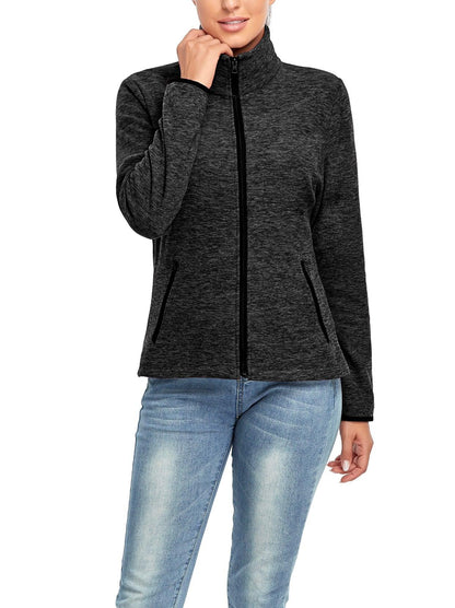 Ladies Winter Fleece Jacket- Dark Grey Fleece Jacket Coat with Full Zip Long Sleeve Athletic Running Jacket Stand Collar Windbreaker Outwear with Pockets