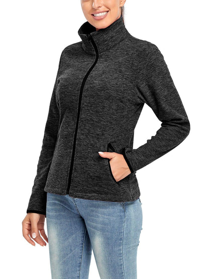 Ladies Winter Fleece Jacket- Dark Grey Fleece Jacket Coat with Full Zip Long Sleeve Athletic Running Jacket Stand Collar Windbreaker Outwear with Pockets