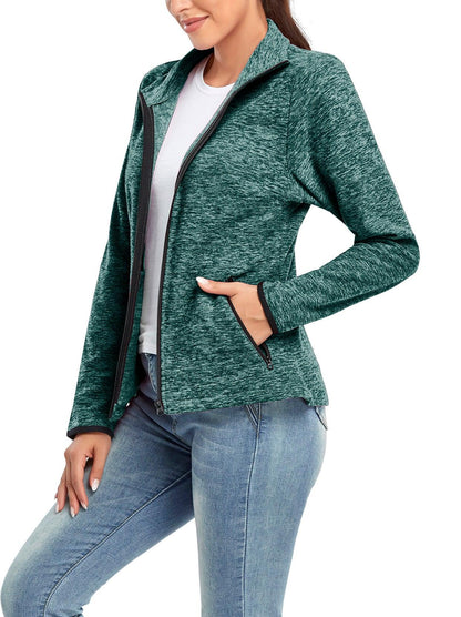 Ladies Winter Fleece Jacket- 🔥SO® Lake Green Fleece Jacket Coat with Full Zip Long Sleeve Athletic Running Jacket Stand Collar Windbreaker Outwear with Pockets