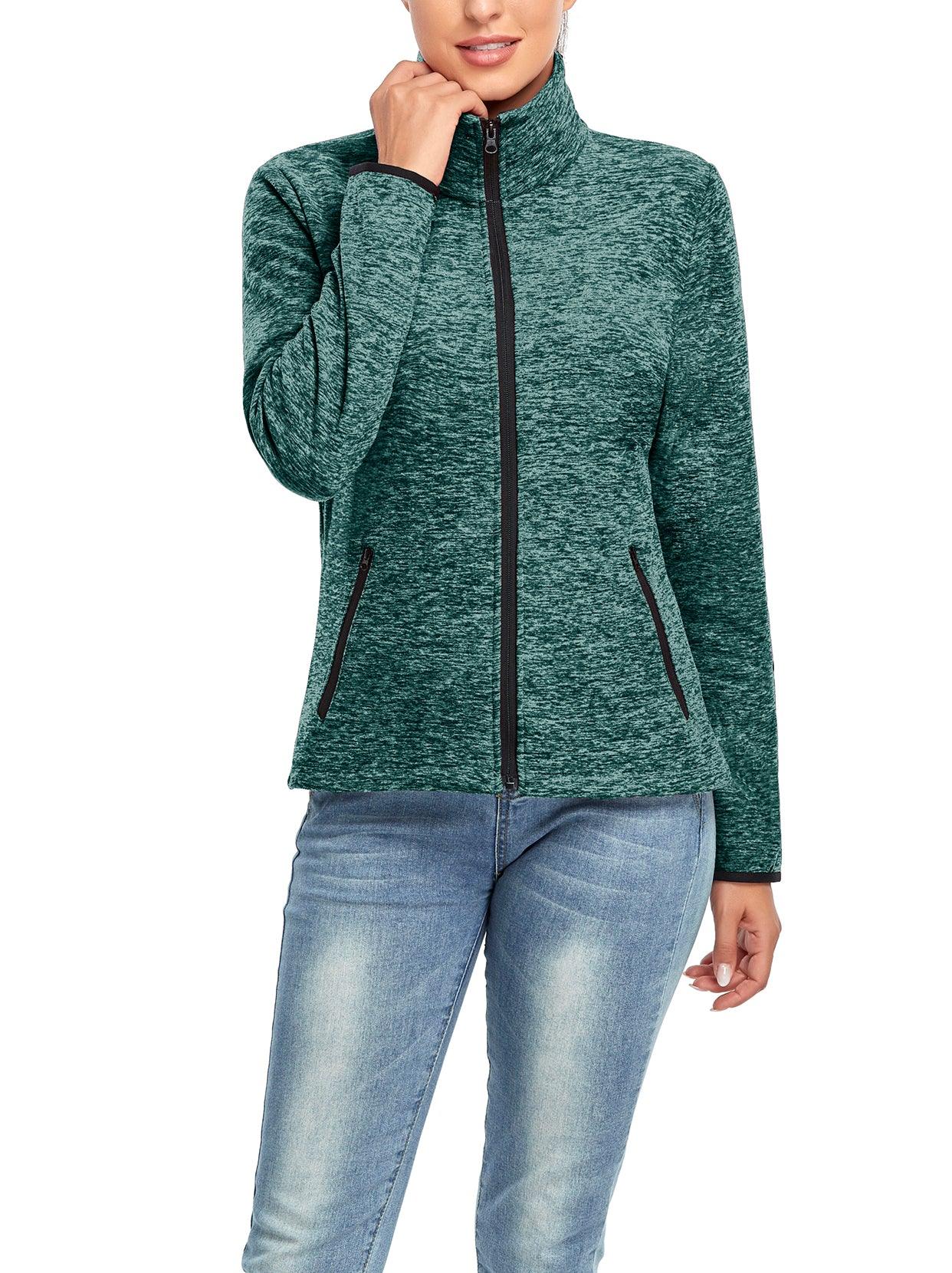 Ladies Winter Fleece Jacket- 🔥SO® Lake Green Fleece Jacket Coat with Full Zip Long Sleeve Athletic Running Jacket Stand Collar Windbreaker Outwear with Pockets