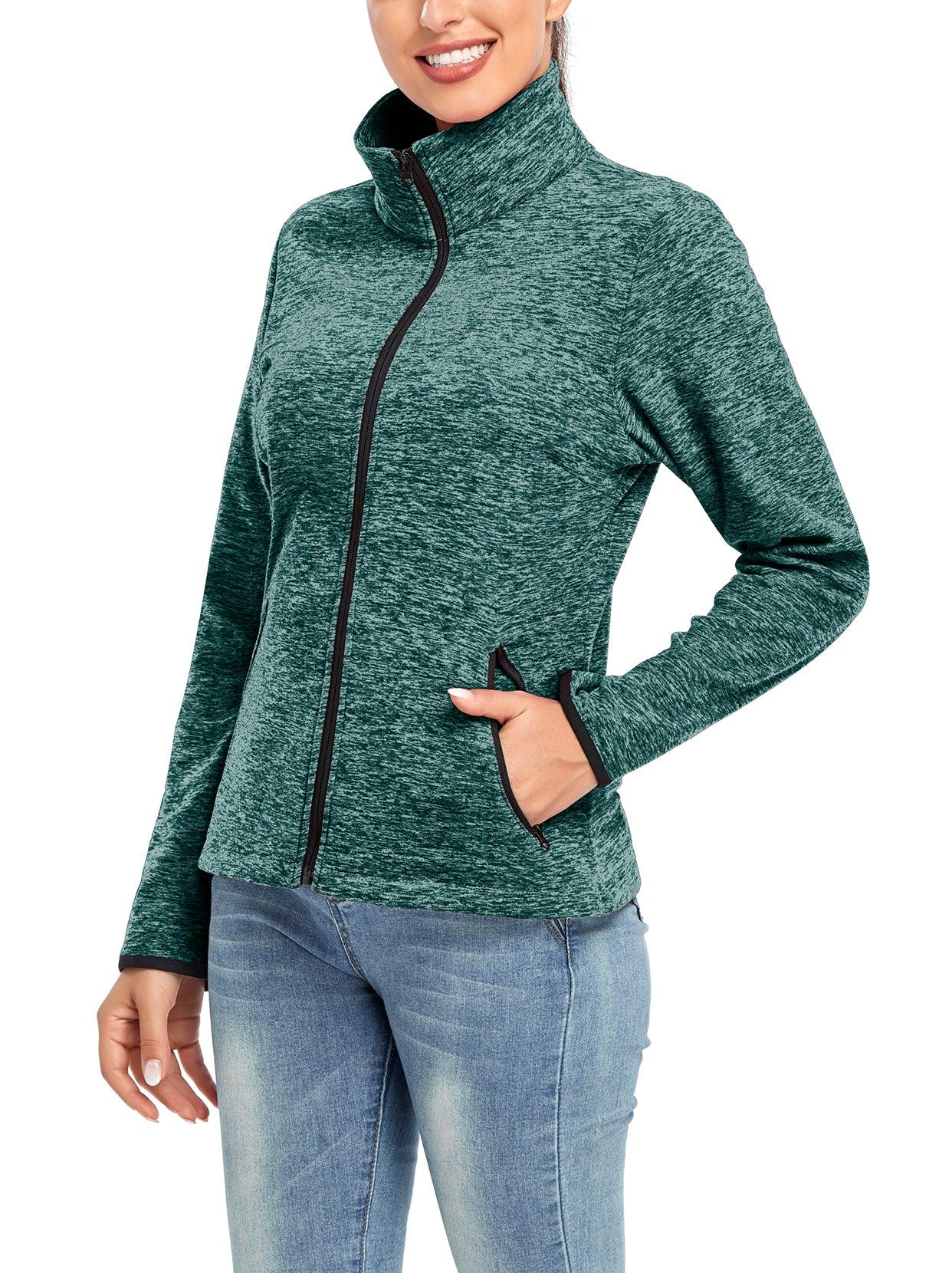 Ladies Winter Fleece Jacket- 🔥SO® Lake Green Fleece Jacket Coat with Full Zip Long Sleeve Athletic Running Jacket Stand Collar Windbreaker Outwear with Pockets