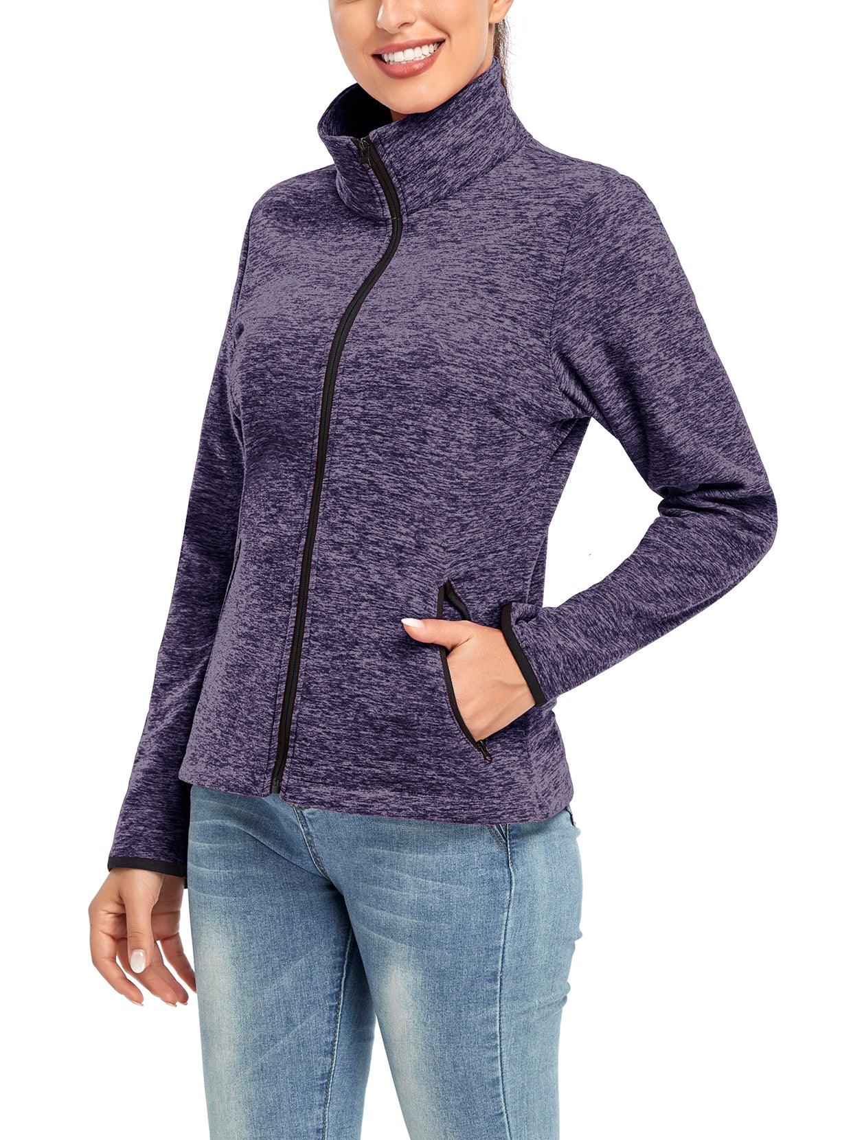 Ladies Winter Fleece Jacket- 🔥SO® Light Purple Fleece Jacket Coat with Full Zip Long Sleeve Athletic Running Jacket Stand Collar Windbreaker Outwear with Pockets