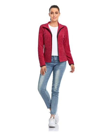 Ladies Winter Fleece Jacket- 🔥SO® Rose Red Fleece Jacket Coat with Full Zip Long Sleeve Athletic Running Jacket Stand Collar Windbreaker Outwear with Pockets