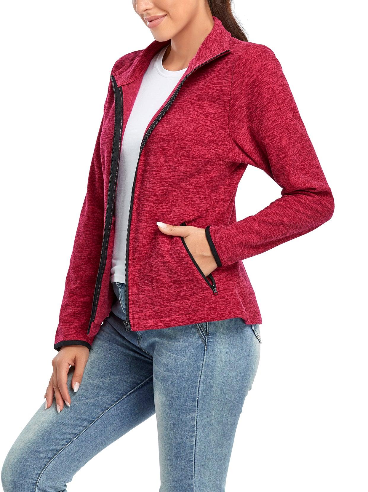 Ladies Winter Fleece Jacket- 🔥SO® Rose Red Fleece Jacket Coat with Full Zip Long Sleeve Athletic Running Jacket Stand Collar Windbreaker Outwear with Pockets