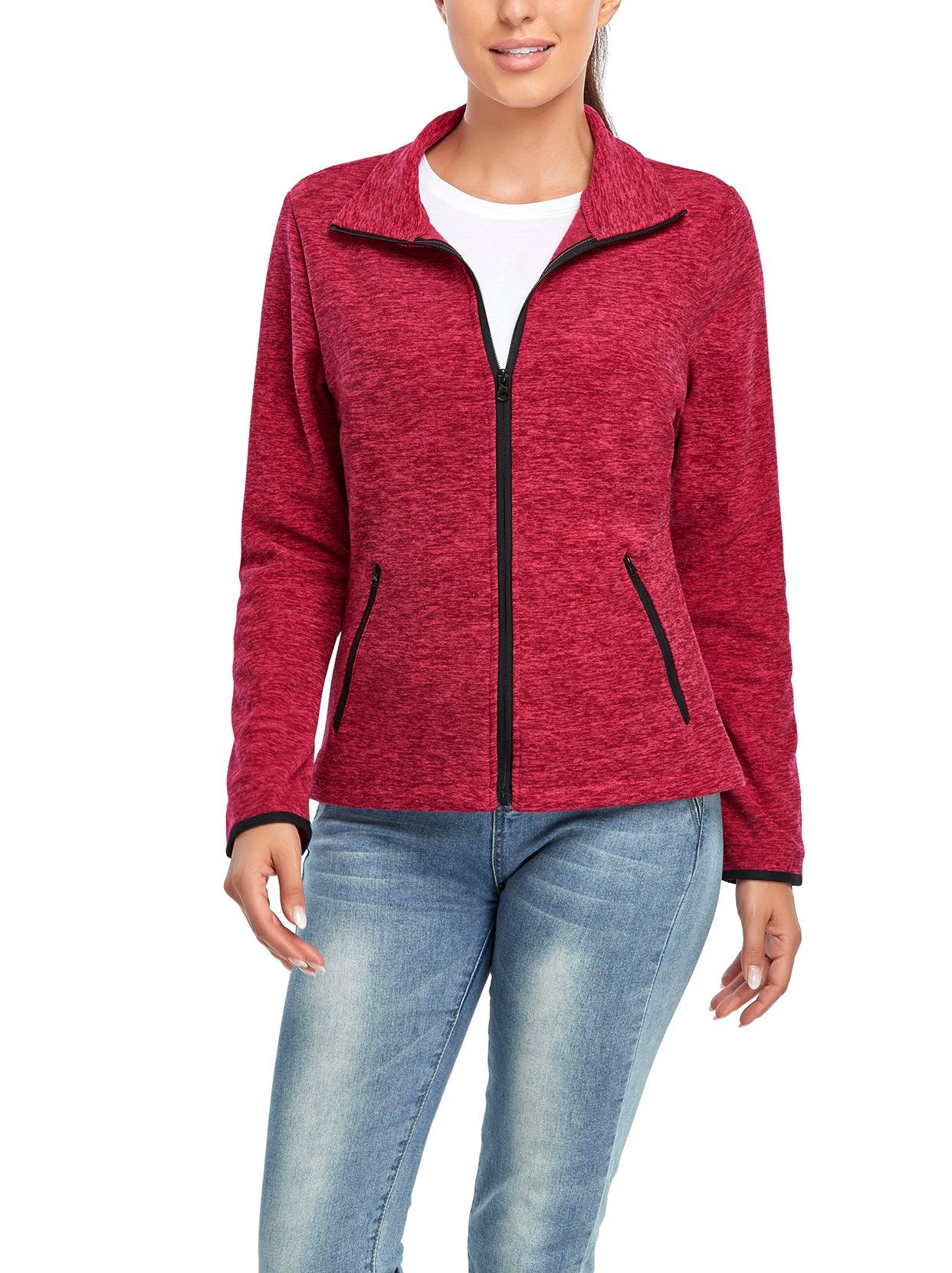 Ladies Winter Fleece Jacket- 🔥SO® Rose Red Fleece Jacket Coat with Full Zip Long Sleeve Athletic Running Jacket Stand Collar Windbreaker Outwear with Pockets